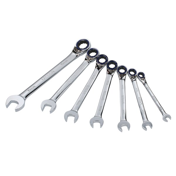 Metric Reversible combination ratcheting wrench set (7 pieces).